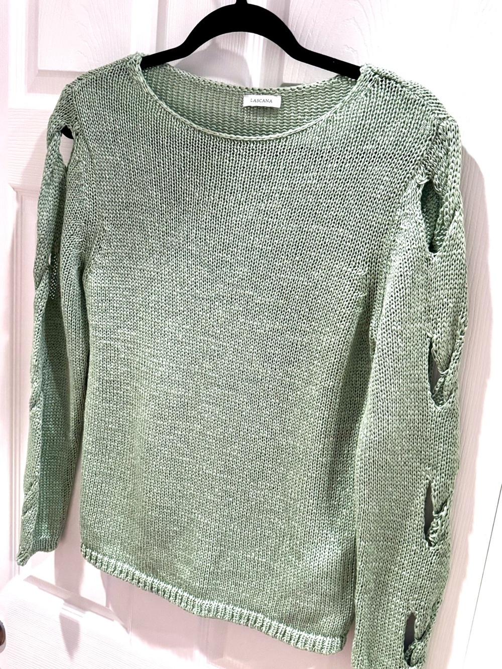 Lascana Braided-Sleeve Knit Sweater in Sage Green - Light Weight. Med
